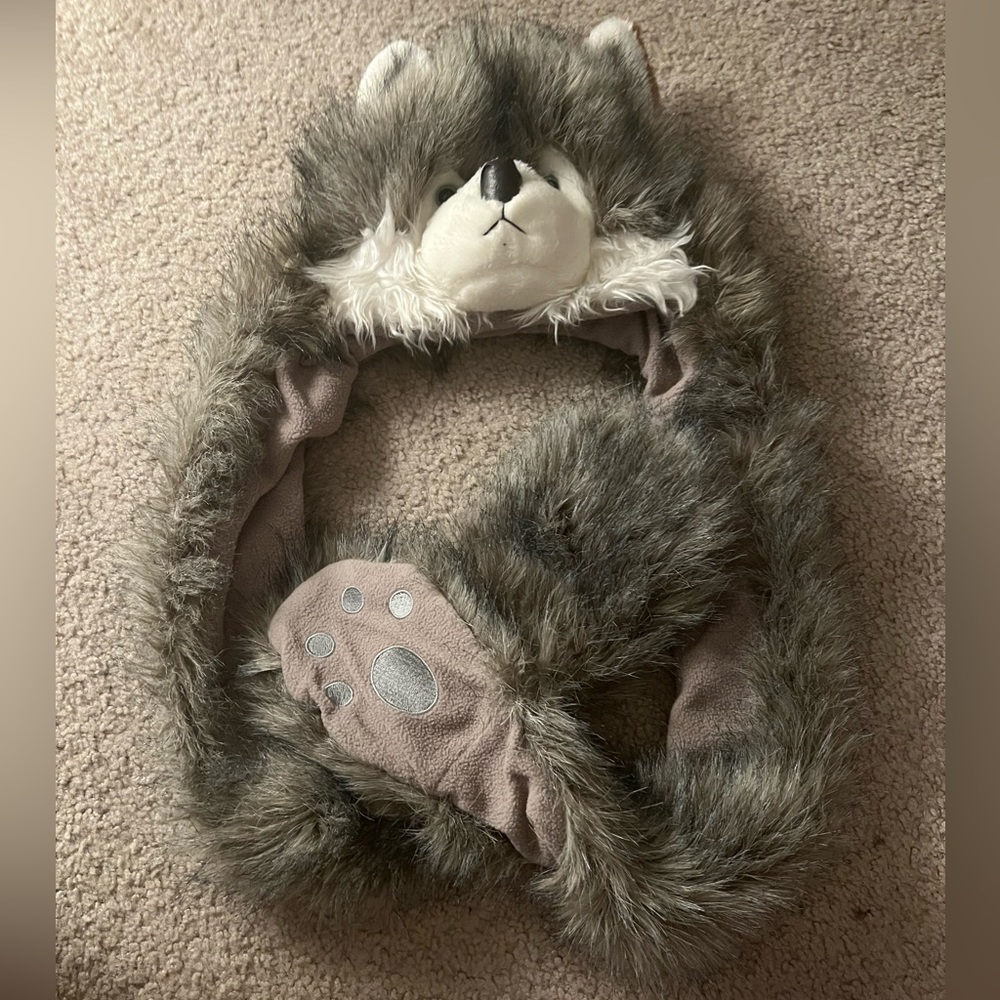 Furry Wolf Hat, Scarf, and Mittens